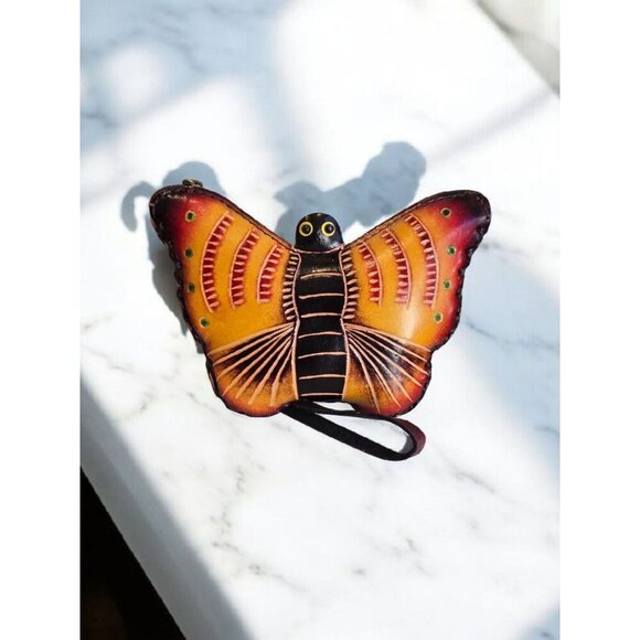 New Yellow Genuine Leather Handmade Butterfly Coin Purse Wristlet Key Case - Picture 1 of 2